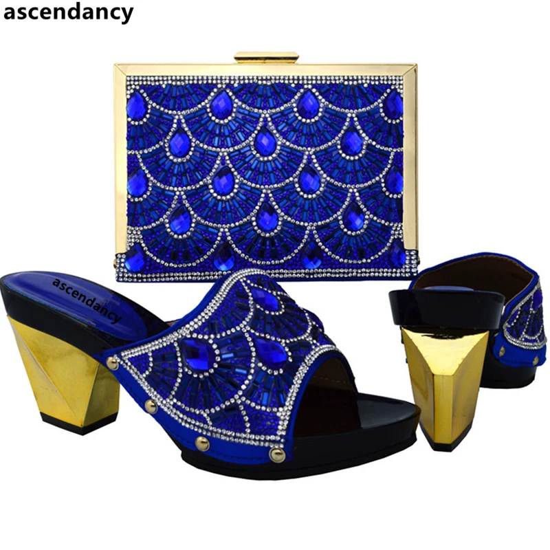 

Latest Royal Blue Color Italian Ladies Shoes and Bag Set Decorated with Rhinestone Nigerian Wedding Shoes and Bag Set for Women
