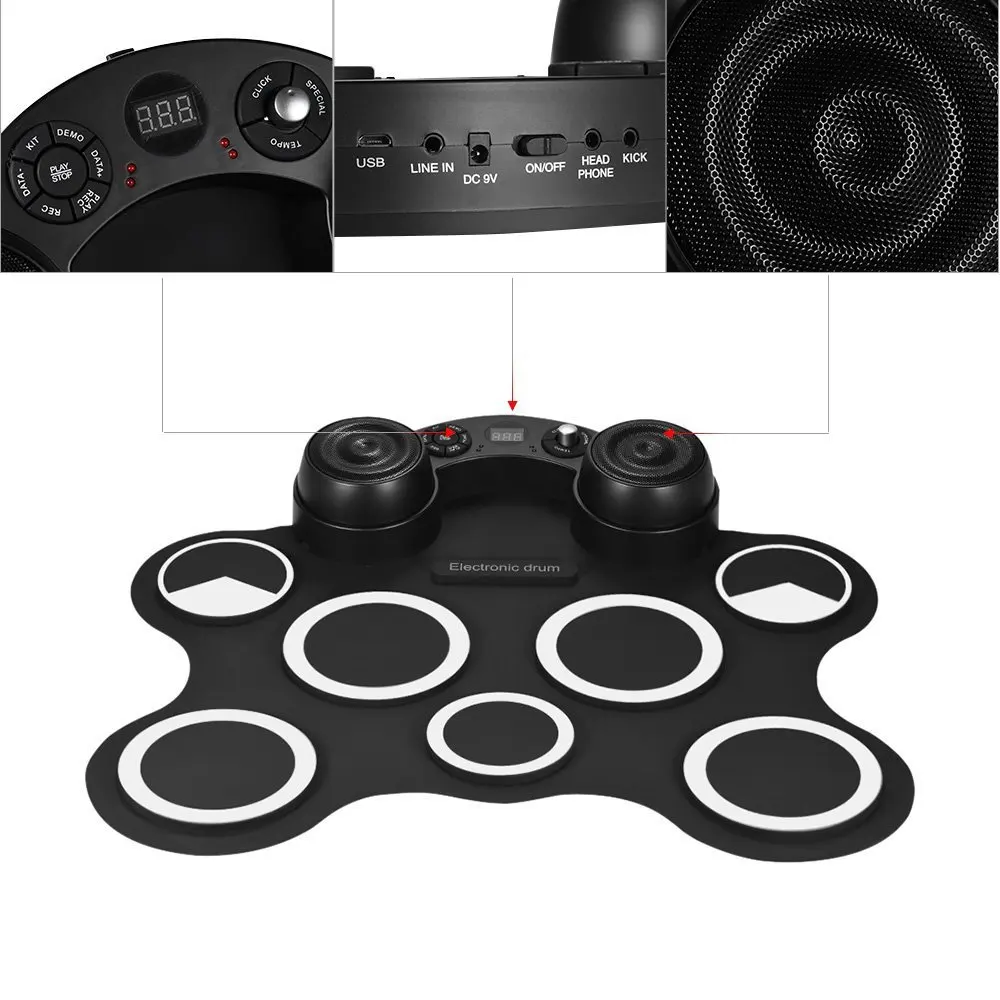 Small and portable Beginner adult children twin loudspeaker Usb Digital Electronic 7 silicon drum pads Drum Kit Set 