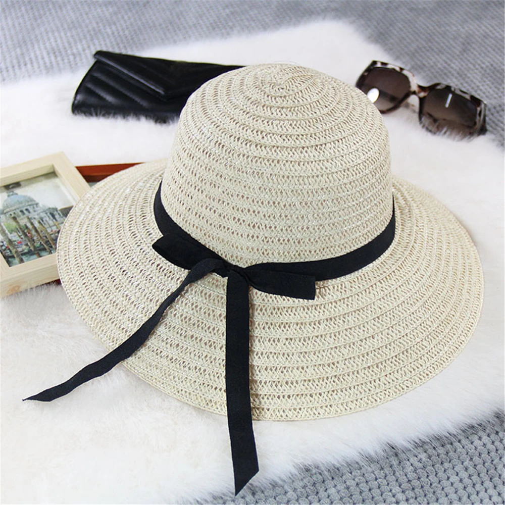 

Summer Lady Cap Wide Brim Hat For Women Straw Foldable bow breathable comfort sunscreen beach hat _ milk white