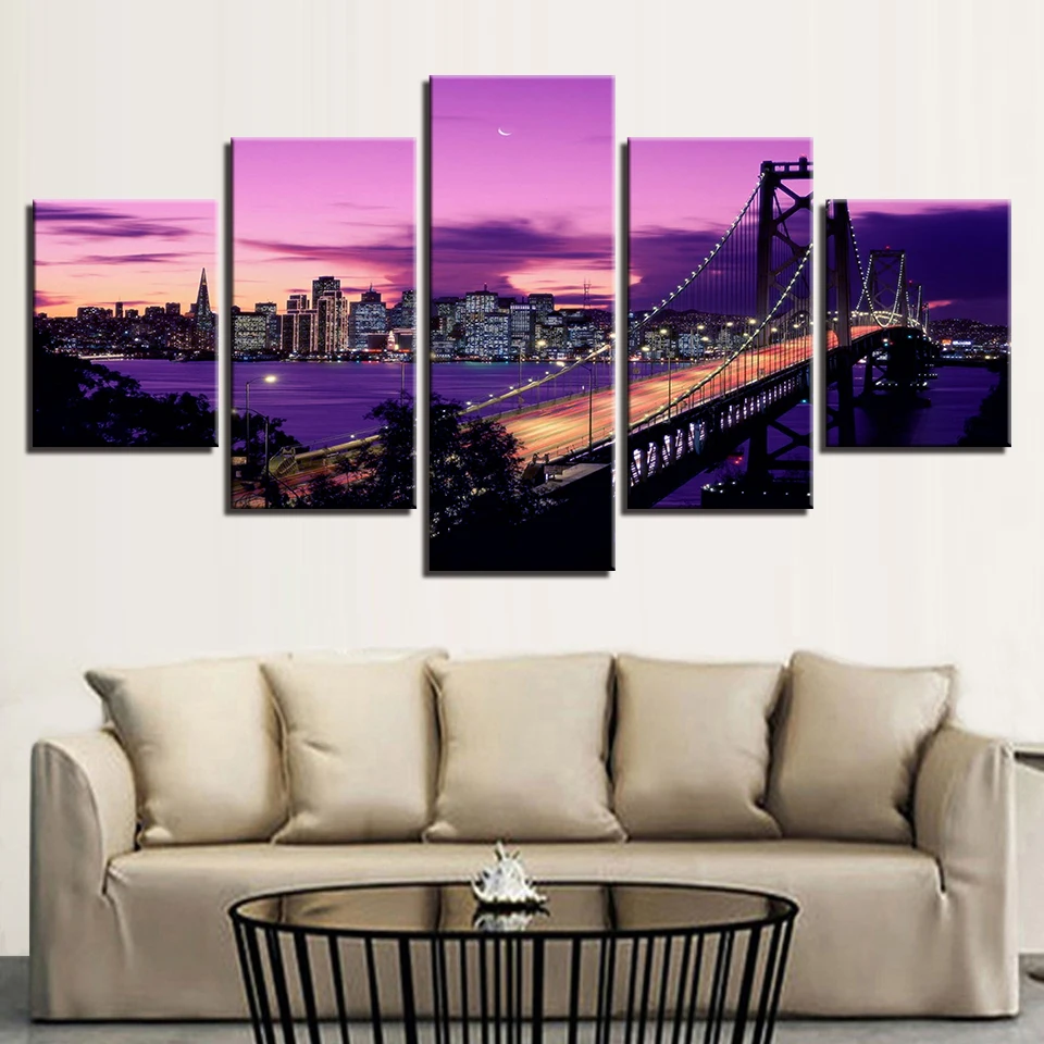

Canvas Wall Art Painting Pictures HD Prints 5 Pieces Purple Sunset San Francisco Bridge Posters Home Decor For Living Room Frame