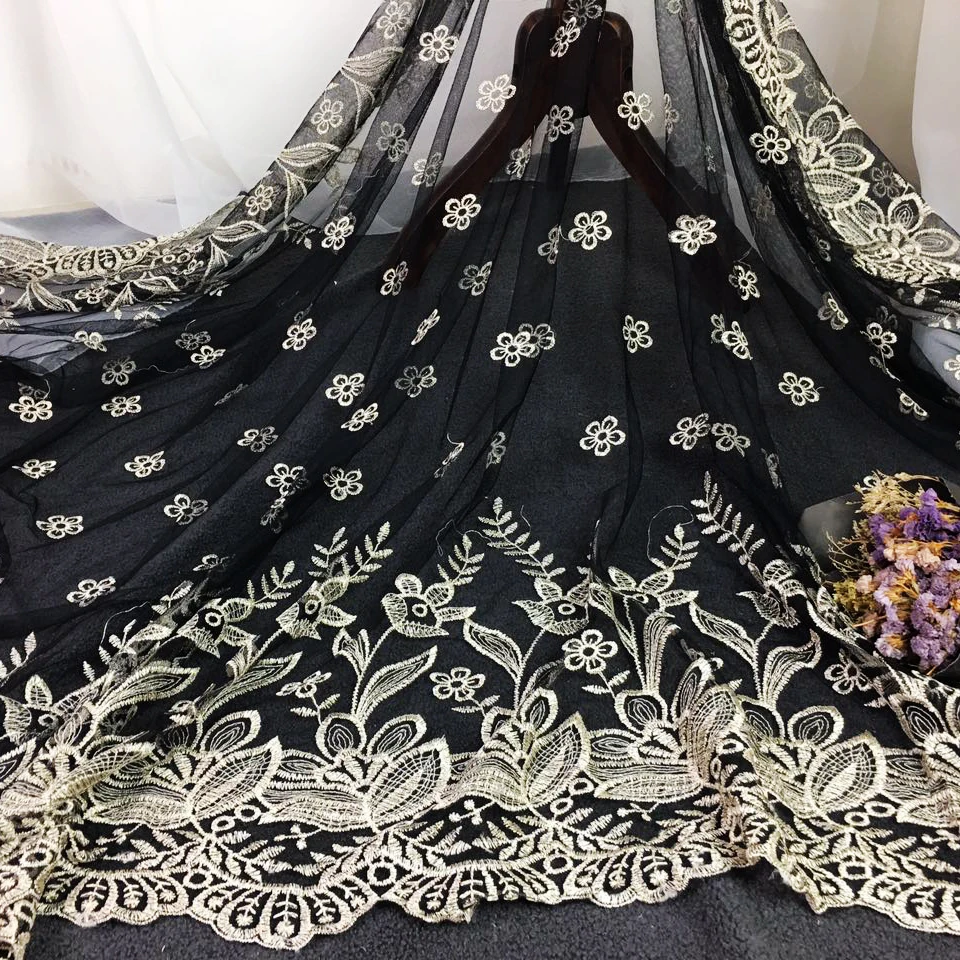 

5yd High Quality African Transparent Mesh Gold Thread Embroidered Lace Fabric 2017 French Tulle Net For Nigerian Wedding Dresses