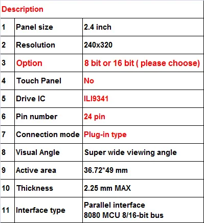 2,4 дюймов TFT ЖК-дисплей без сенсорной панели экран ILI9341 8080 MCU 8/16 бит 240x3(RGB) x320 24pin разъем параллельный соединитель