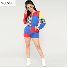 Checkered Bodysuit Contrast Color Block Patchwork Playsuits Casual Outfits Shorts Motocycle Streetwear Plus Size Clothes Plaid color block geometry patchwork plus size knitwear