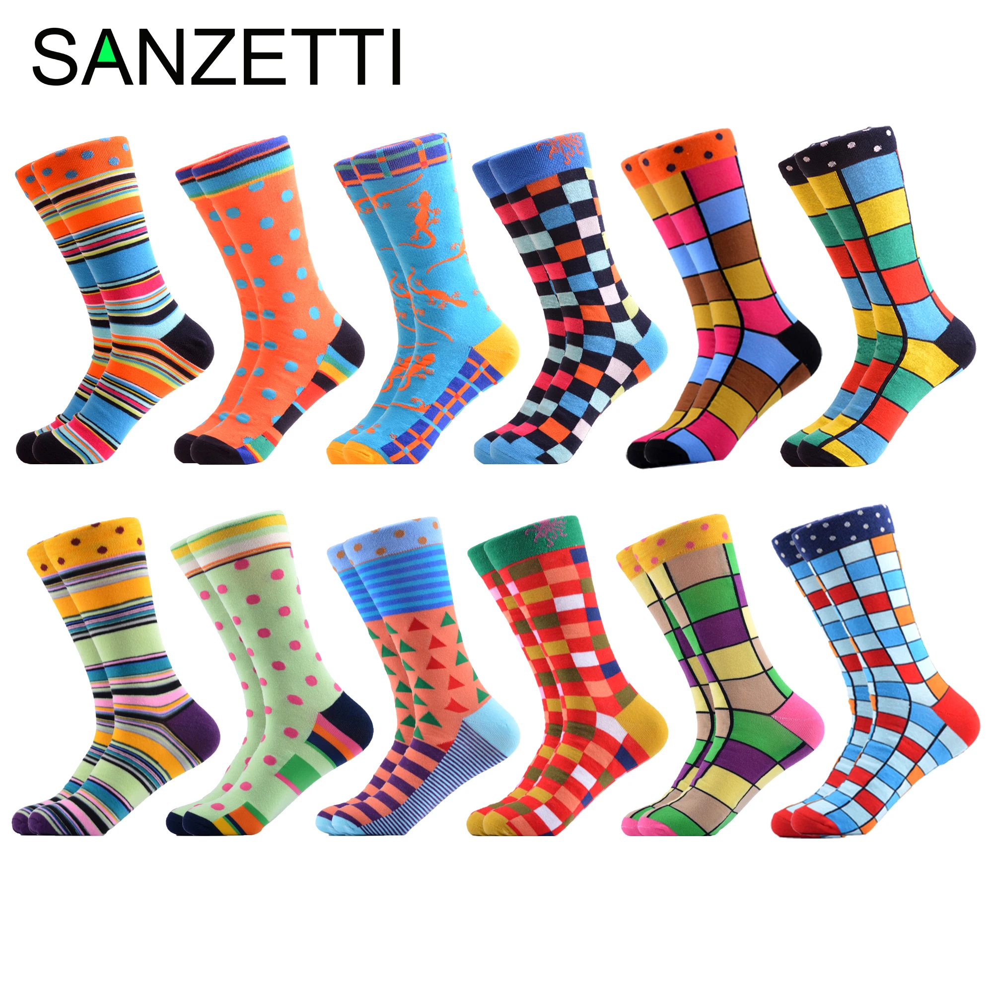 Skup SANZETTI mężczyźni kolorowe Casual załogi skarpetki czesana bawełna projekt Harajuku skarpetki Hip Hop geometryczny plaid Stripe Dot prezenty szczęśliwe skarpetki