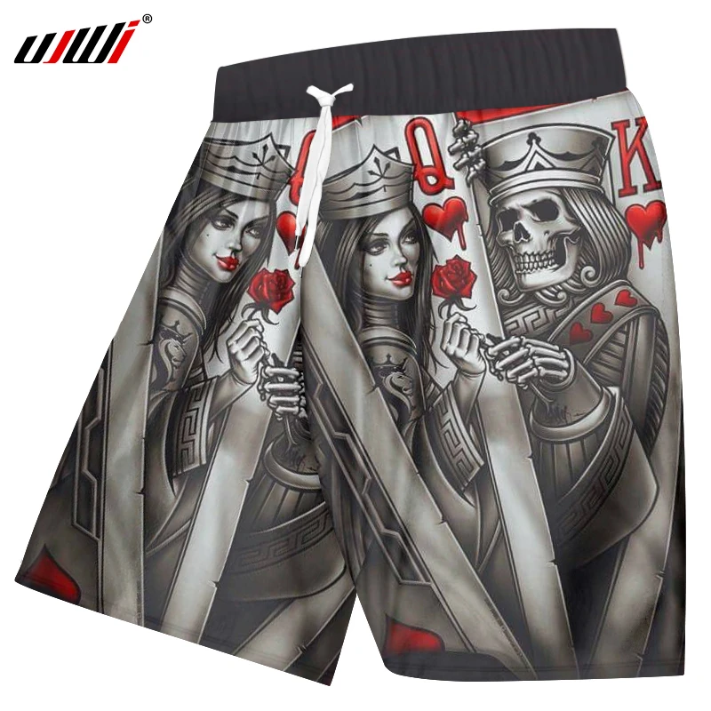 UJWI летние шорты для мужчин крутой принт череп 3d доска шорты королева и король покер повседневные шорты мужские хип хоп Эластичный пояс пляжные шорты