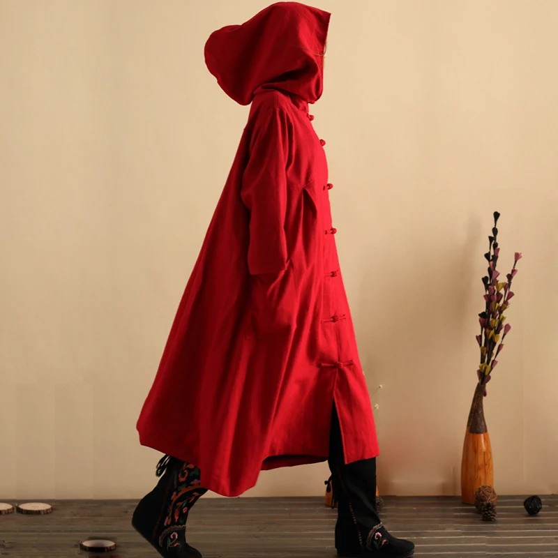 

AIGYPTOS-LZJN]Original Design Autumn Women National Trend Oversized Long Maxi Cotton Linen Witch Hood Robe Plus Size Coat Trench