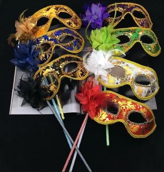 

women Venetian masquerade feather flower mask on stick Mardi Gras Costume printing Halloween Carnival Hand Held Stick party