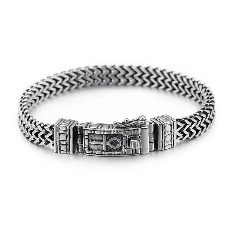 

8mm Egyptian Ankh Symbol of Life Charm Biker Bracelets For Men Women Stainless Steel Silver Mesh Linking Chain Bracelet Jewelry