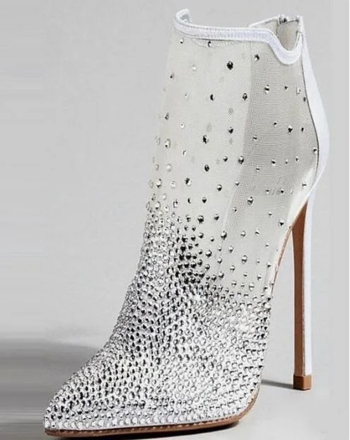 

Luxury Bling Bling Crystal Embellished Ankle Boots Pointed Toe White Mesh See Through Sexy Runway Boots Women Shoes