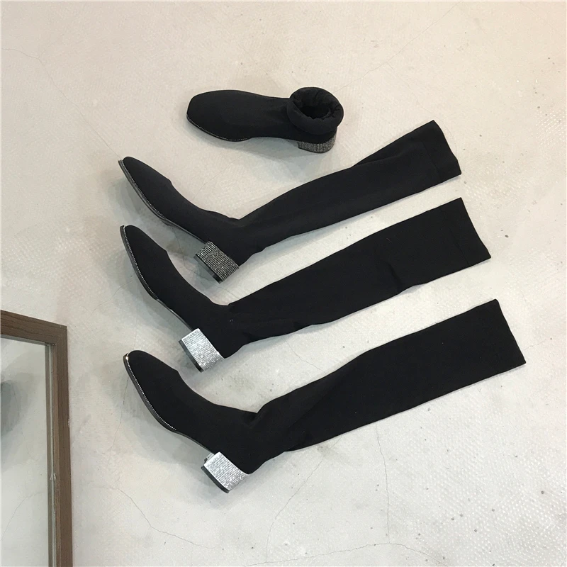 

Sock boot silver rhinestone heels thin high boots crystal heels long boots med thick heels over the knee botas stretch sock bota