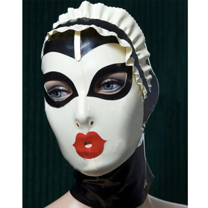 

sexy exotic lingerie handmade women female maid black latex with chiffons open eyes mouth nose drama hoods mask cekc back zipper