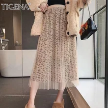 Tigena осенне-зимняя винтажная фатиновая леопардовая юбка женская модная Высокая талия Женская плиссированная юбка трапециевидная длинная юбка макси