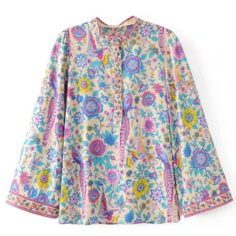 

GYPSY Boho Chic Summer Beach Tops Vintage Peacock Floral Print Shirt Fashion O Neck Flare Sleeve Loose Blouses Blusas Mujer