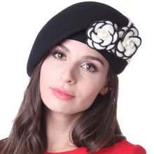 Free Shipping Women Hats Beret Hats Black Felt Hats For Women Ladies Chapeau 100% Wool Rose