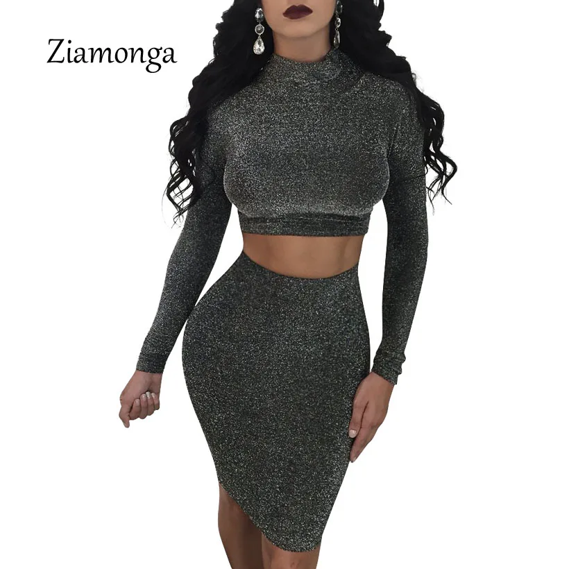 

Ziamonga 2017 Sequined Midi Winter Autumn Dress Party Long Sleeve 2 Piece Set Women Dress Pencil Black Sexy Two Piece Set Dress