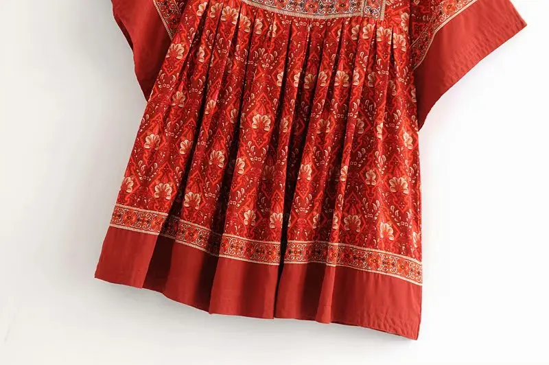 Boho Новое красное Цветочное платье-кимоно из вискозы с рукавом, свободное Летнее мини-платье с круглым вырезом, плиссированное богемное шикарное праздничное уличная женская одежда
