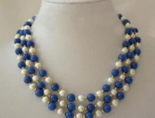 

Jew2193 charm 3 Rows White Pearl Lapis Lazuli Beads 18KGP Clasp Necklace