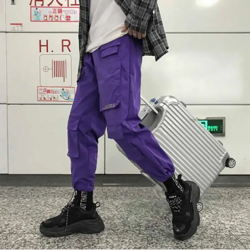 

Men Purple Joggers Pants 2019 Mens Pockets Streetwear Cargo Pants Male Hip Hop Korean Fashions Casual Overalls Men Trousers