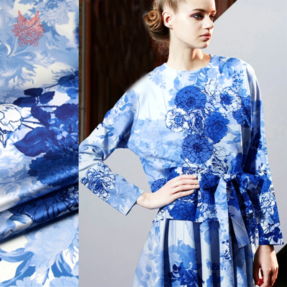 

Vintage style luxury blue floral print spandex silk fabric for dress natural silk tissue cloth tela tecidos stoffen 19mm SP4809