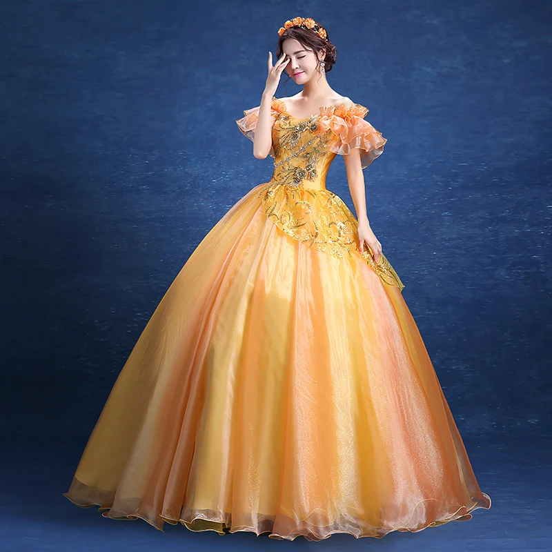 

100%real golden ruffled sleeve beading ball gown medieval dress princess Renaissance Gown queen Victoria dress/Belle Ball