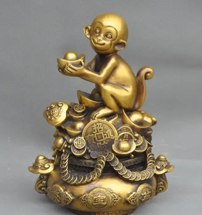 

671115370++++ 11"Chinese brass wealth Fu Yuanbao money treasure bowl Lucky Monkey Rich Statue