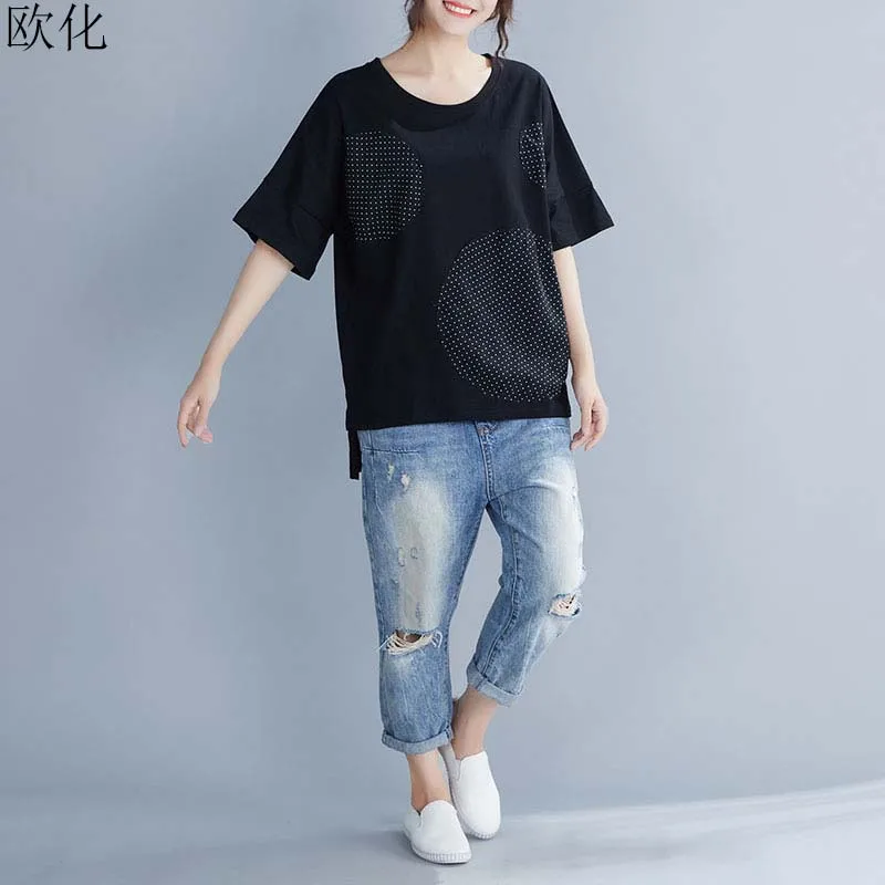 

2019 Summer Fashion Short Sleeve Basic Tops Tees Casual Loose Patchwork Polka Dot Female Plus Size Cotton T Shirts For Women 4XL