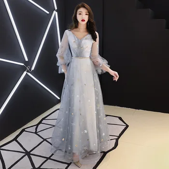 

Gray Full Leng V-Neck Chinese Traditional Dress Qipao Bride Cheongsam Dress Vestidos Chinos Oriental Wedding Gowns Party Dresses