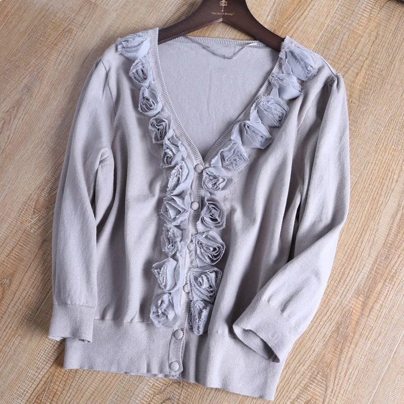 

Women Cotton Cardigan Autumn Lace Flower Knitted Sweater V neck Long Sleeve Spring Outwear