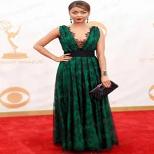 Классический Дизайн V Шеи Длинным Сара Хайленд Зеленый Кружева Пром Платье Знаменитости Платье Emmys Red Carpet