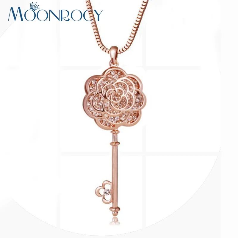 

MOONROCY Rose Gold Color Drop Shipping Cubic Zirconia Crystal Rose Flower Sweater Key Necklace Long Chain Jewelry Gift for Women