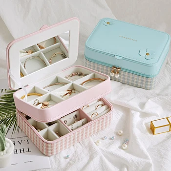 

High Capacity Girls Multi-function PU Leather Jewelry Storage Box Portable Earrings Rings Double Layer Jewelry Box Creative Gift