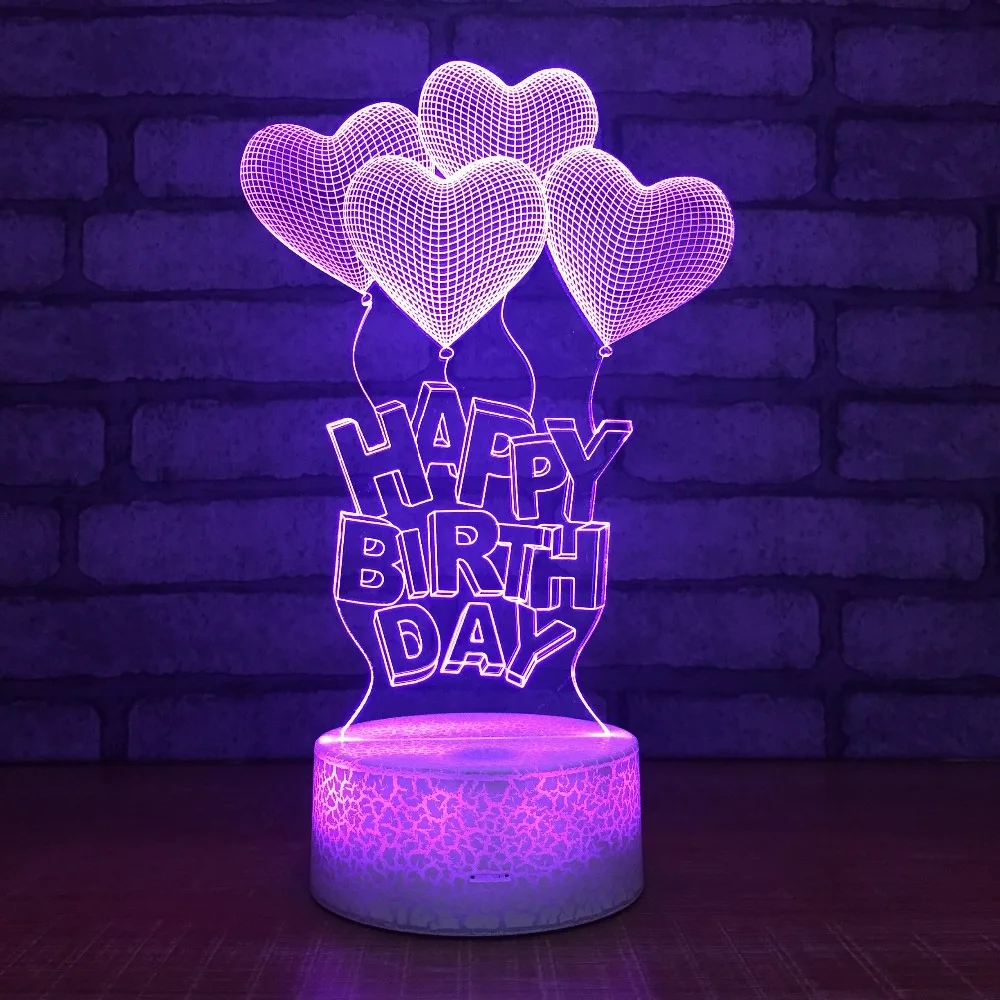 СВЕТОДИОДНЫЙ ночник в форме сердца Happy Birhtday акриловая Настольная лампа с 3D