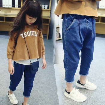 

new spring girls jeans children flash fashionable harem pants kids denim capris baby trousers,2-7Y