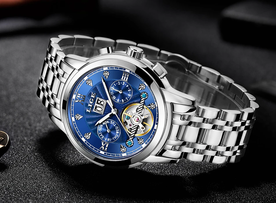 Marca lige masculino relógio automático mecânico tourbillon
