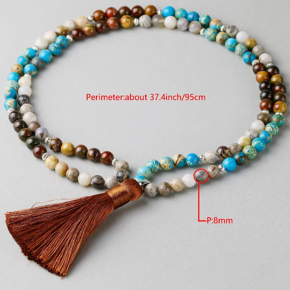 Natural Blue Imperial stone With Red creek Stone Bamboo Onyx Beaded Stone Tassel Charm Necklace Women Men 108 Mala Jewelry