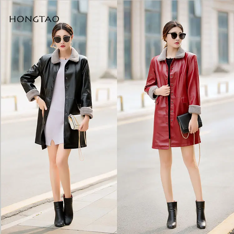 SWYIVY Women Jacket Coat Mid Long Winter Warm Fur Outwear 2018 Autumn Winter Female Fashion PU Leather Coat Velvet Warm Jacket