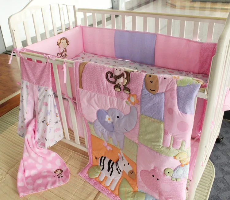 9 Pieces Crib Newborn Baby Bedding Blanket Set Embroidery Pink animal Baby Nursery Crib Bumper