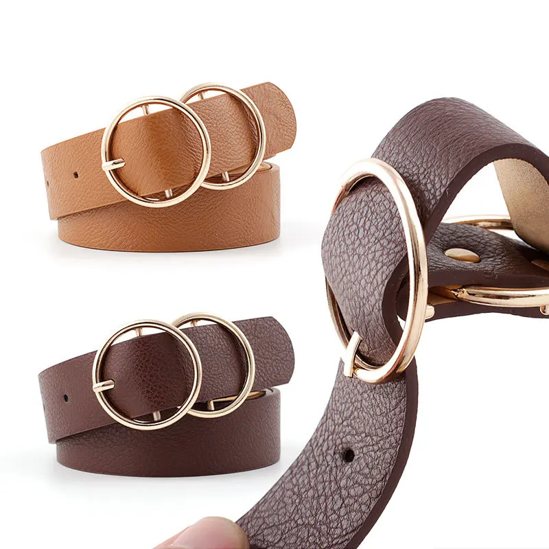 

New 3.2cm Wide Double Loop Pin Buckle Casual Eyelets PU Leather Belt For Female Gold Round Pin Buckle Wide Jean Waist Belt