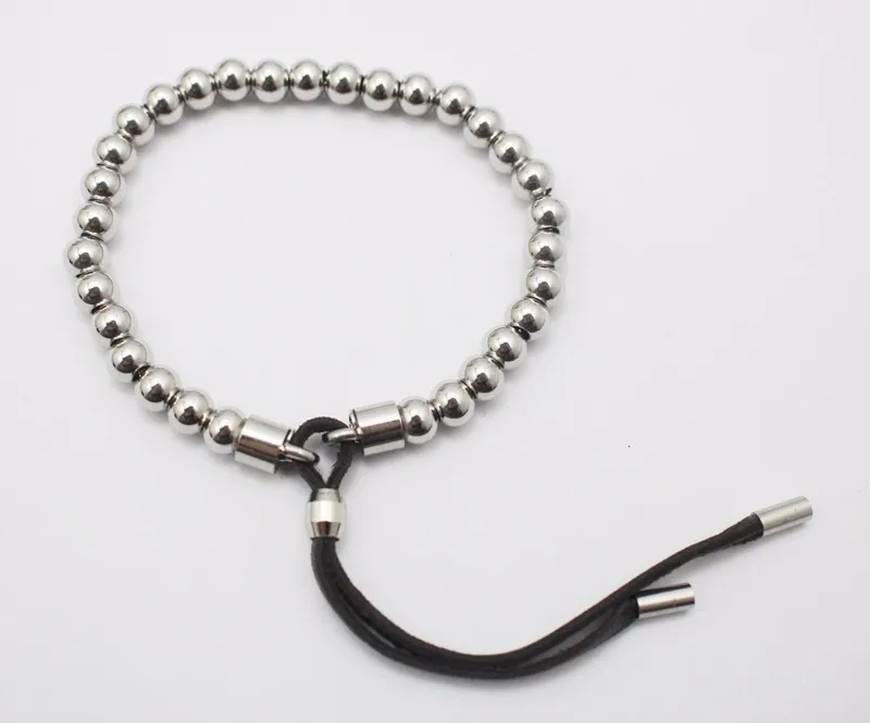 Регулируемая длина Черная веревка маленький серебряный цвет из нержавеющей стали бусина, жесткий браслет для мужчин и женщин модные ювелирные изделия оптом