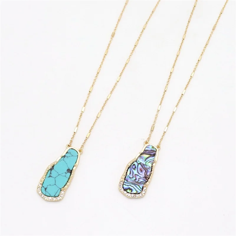 

Fashion Green Marble Stone Abalone Shell Pendant Gold Color Long Chain Sweater Necklace Geometric Body Jewelry
