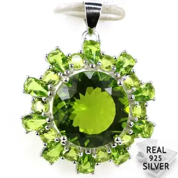 

Guaranteed Real 925 Solid Sterling Silver 4.3g Luxury Round Shape Green Peridot Pendant 30x23mm