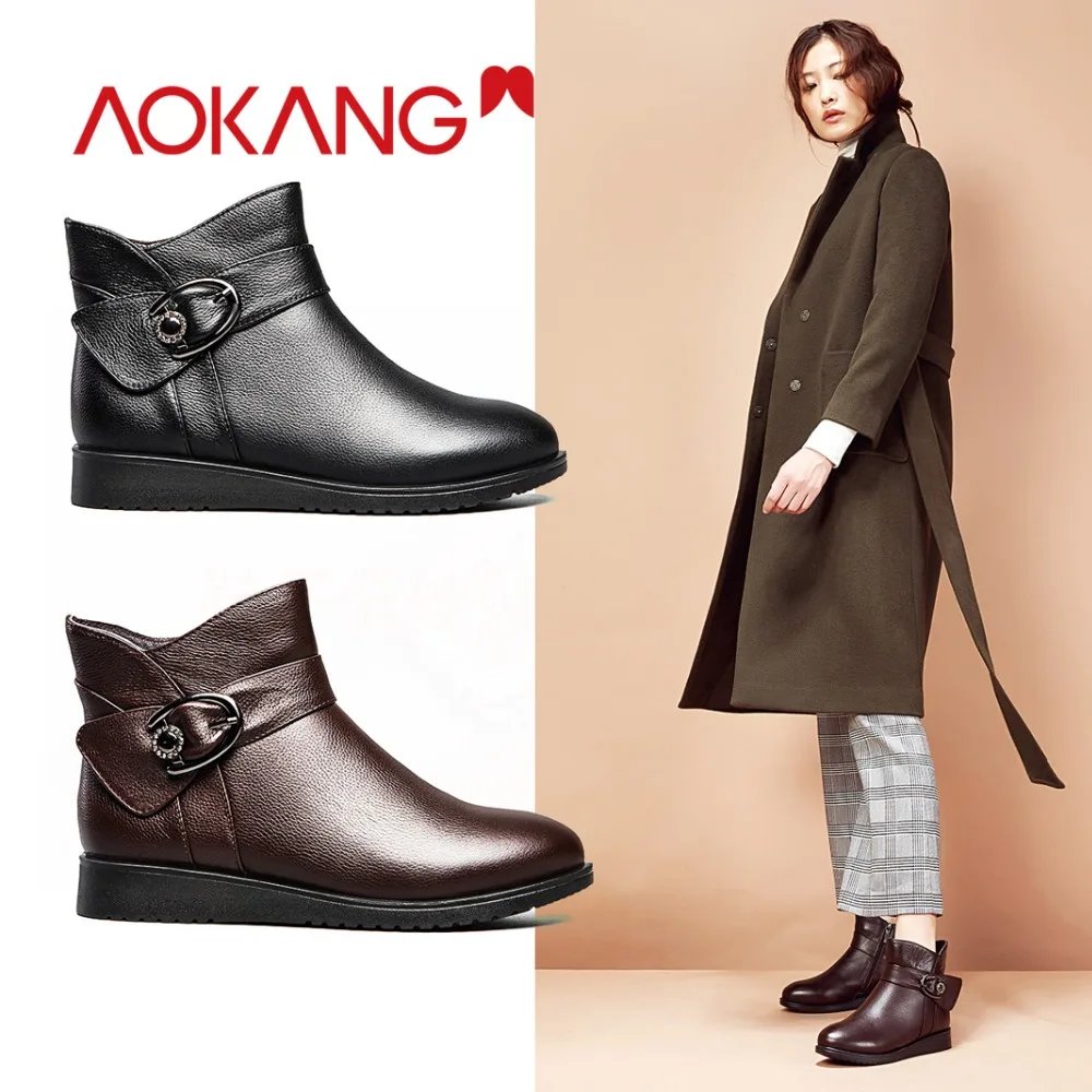 

AOKANG 2018 New Arrival winter Women boots Shoes genuine leather short plush zipper buckle strap female Shoes flat ladies Shoes