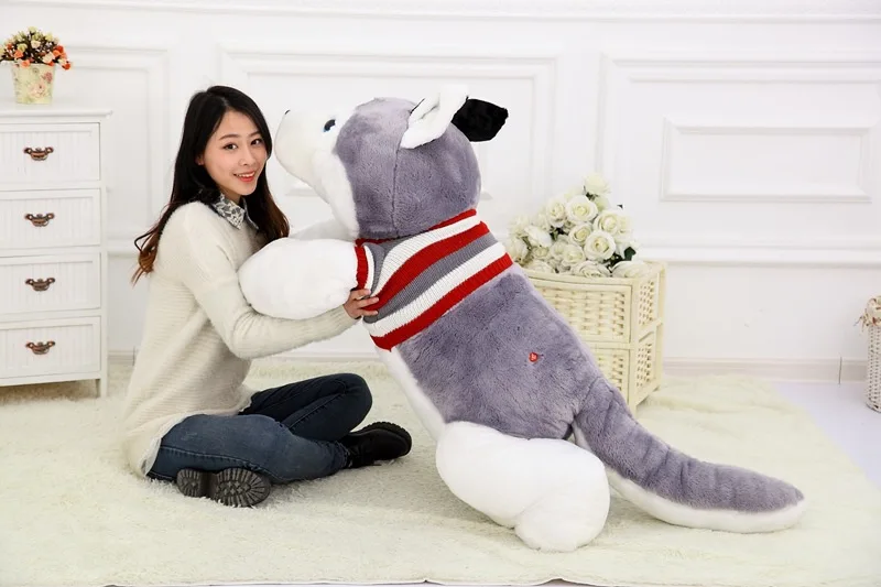 

large 135cm stuffed plush cartoon prone husky dog with stripes sweater cushion sofa cushion soft toy home decoration a2044