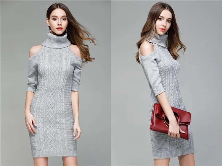 Europe and the United States women's high collar twist fashion pile heap sexy collar knit dress women long bottoming shirt (22)
