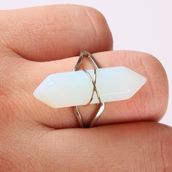 New Fluorite Purple Crysta Rose Pink Quartz Opal Clear Crystal Howlite Stone Onyx Bicone Bead Faceted Steel Wire Winding  Ring 6