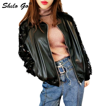 

Leather Jacket Womens Spring Fashion sheepskin genuine leather Coat O Neck beading sleeve Casual baseball jacket