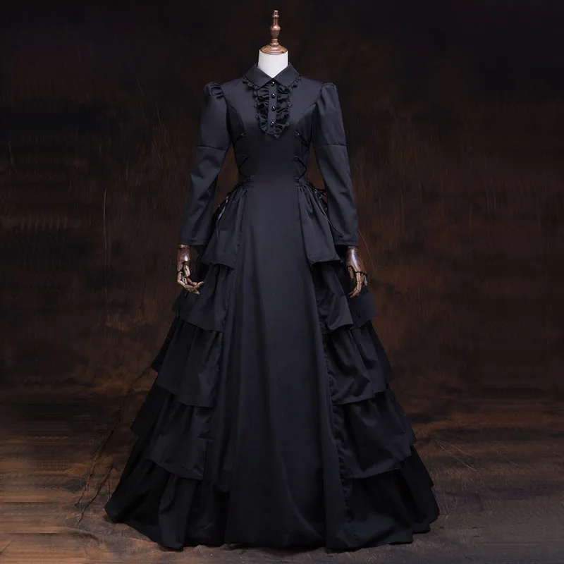 Черное готическое викторианское платье с длинными рукавами 18-го века, каскадные платья с рюшами в стиле ретро, вечерние платья для ночного клуба, одежда для театров - Цвет: Черный