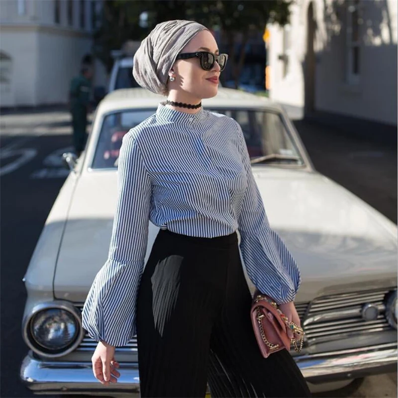 

2019 Fashion striped dubai arab turkey muslim blouse women tshirt long sleeve islamic t shirt for ladies M-XL