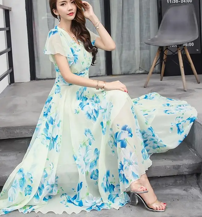 

Free Shipping Bohemian Style S-5XL 2018 Summer New Arrival Collect Waist Flare Sleeve Flower Printed Woman Chiffon Long Dress