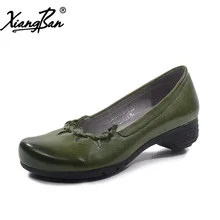 Xiangban 2017 casual women shoes handmade soft leather mid heels ladies pumps round head thick heel shoes comfortable